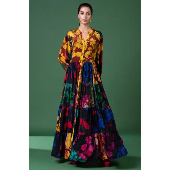 NWT Siddhartha Bansal Anthro Arcadia Print Tiered Dress Womens Size Petite Small - Picture 1 of 7